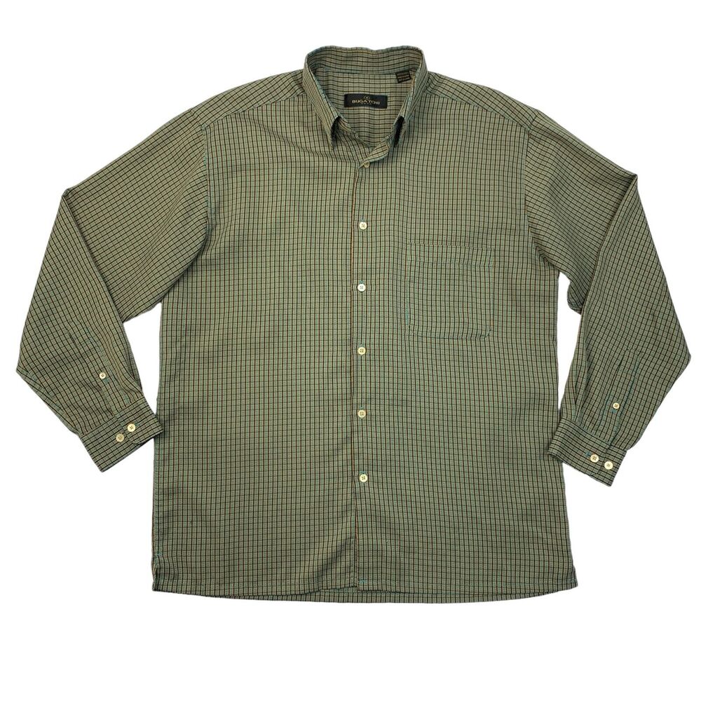 Vintage Bugatchi Shirt Mens L Large Cyan Tan Button Down Plaid Long Sleeve